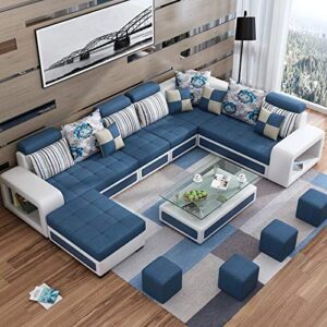 Thawas 8 Seater Sectionals and Loveseats Wood Sofa Set (White and Blue)